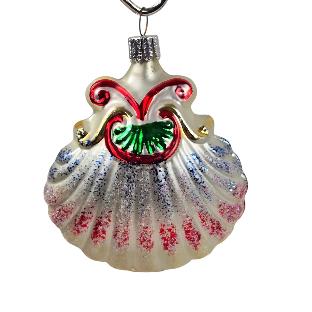 Vtg 90s Glass Clamshell Ornament Glitter Painted Coastal White 3.5" Germany MINT